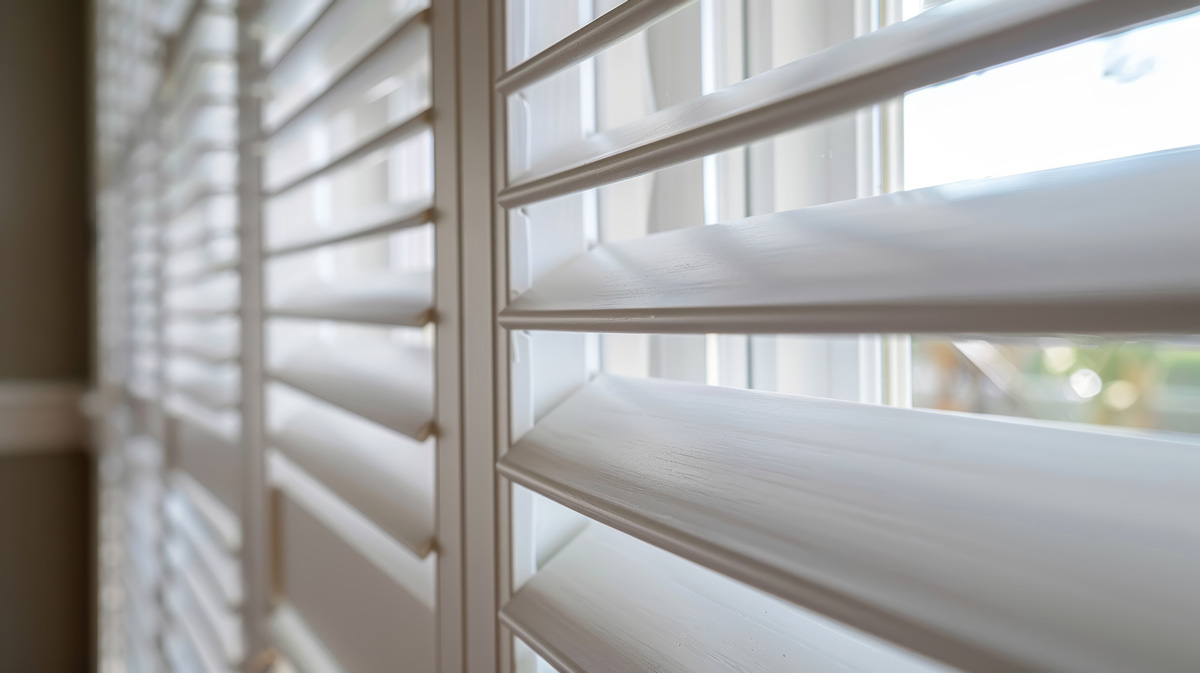 A close-up image of white plantation shutters in El Paso.